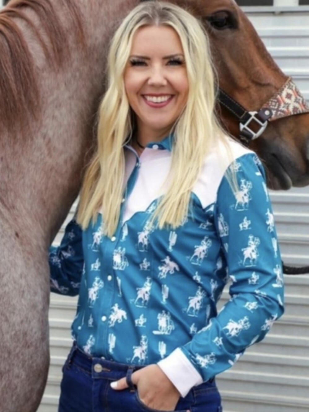 RANCH DRESS'N Fallon Taylor "Buckaroo" Turquoise & White Rodeo Performshirt sz S - Picture 4 of 14